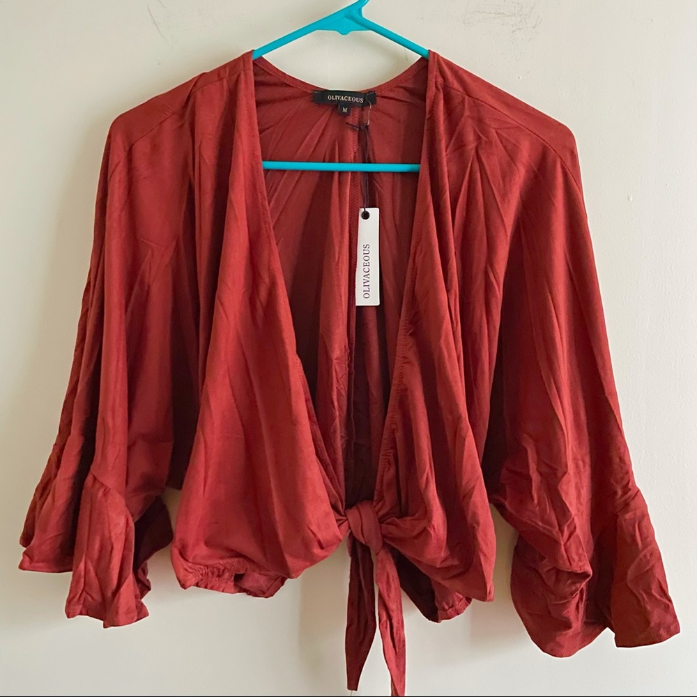 Olivaceous women’s rust cropped tie front faux suede top size medium